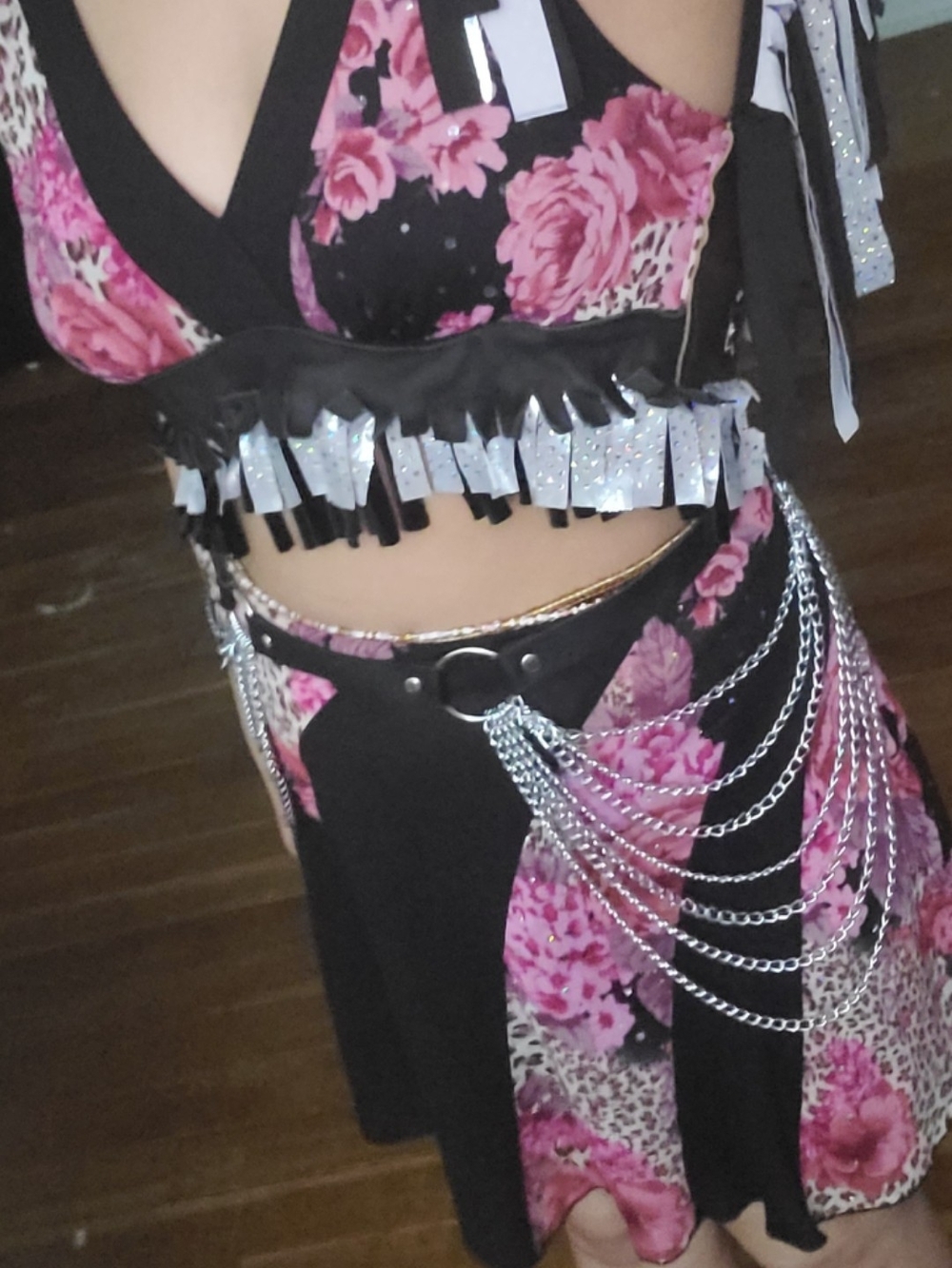 Floral Pink & Black Fringe Crop Top and Skirt Set RAVE